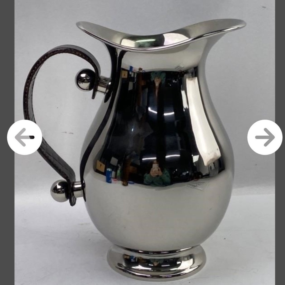 Polished Stainless Steel Pitcher Brown Faux Crocodile Leather Wrapped Handle - Picture 4 of 8